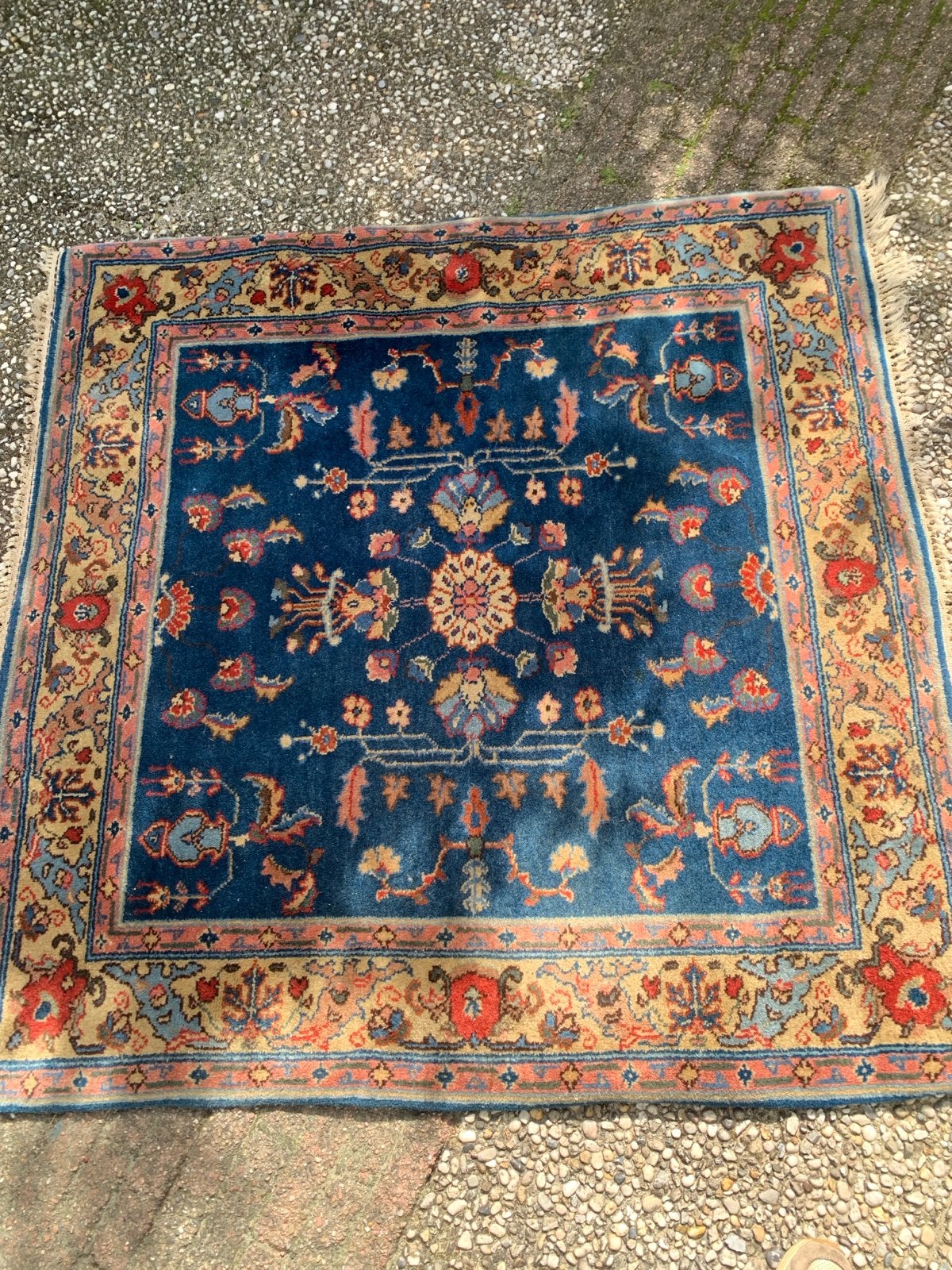 Blauw Perzisch tapijt 125x120 cm - Zo goed als nieuw, Ophalen, 100 tot 150 cm, Blauw, Vierkant