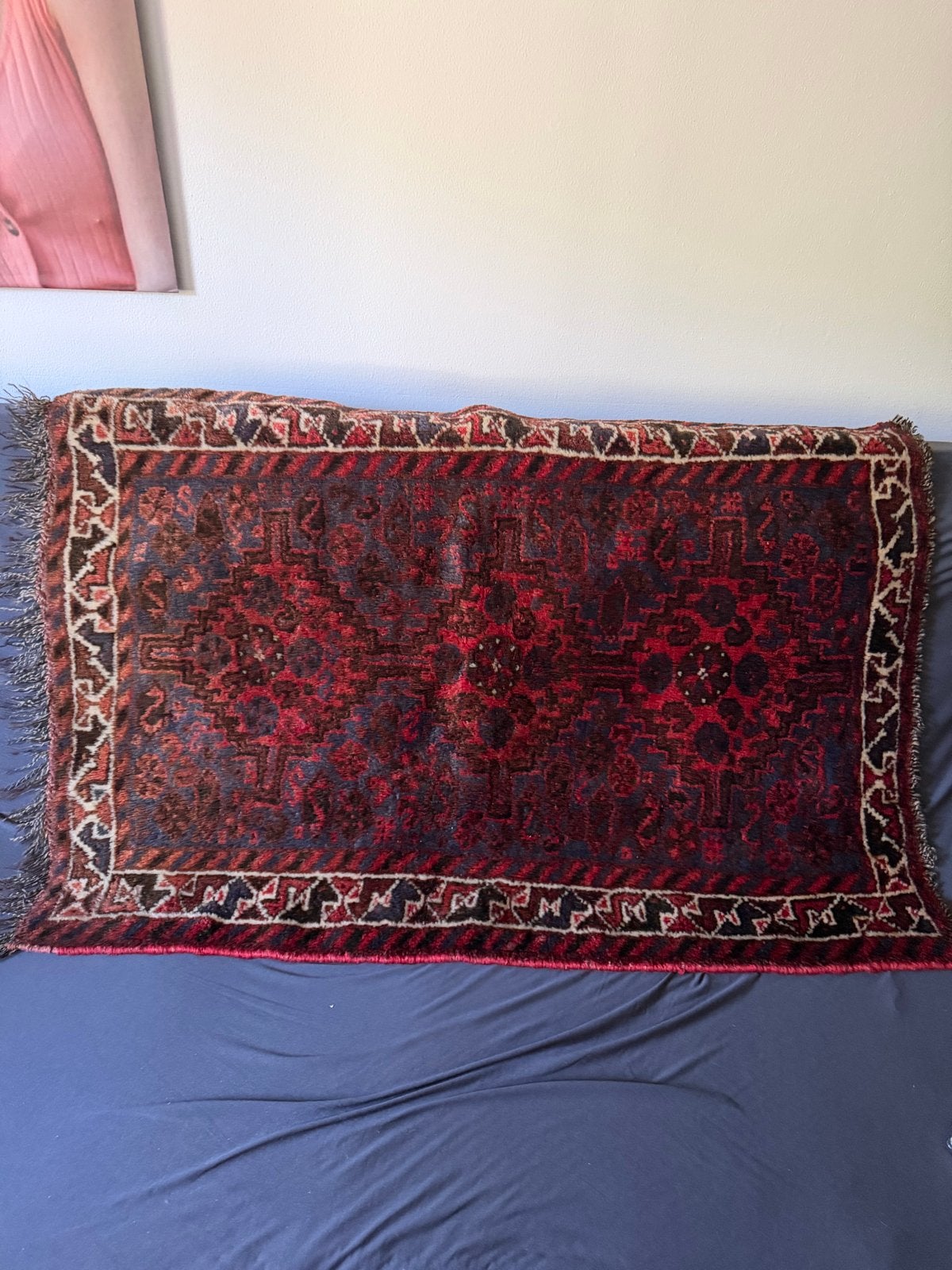 Vintage Perzisch tapijt - Rood/Blauw/Crème, Minder dan 50 cm, Gebruikt, 50 tot 100 cm, Ophalen of Verzenden