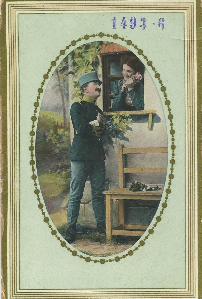 Antieke Ansichtkaart: Soldaat en Vrouw bij Raam (1900-1920), Verzamelen, Ophalen of Verzenden, Voor 1920, Gelopen, Politiek en Historie