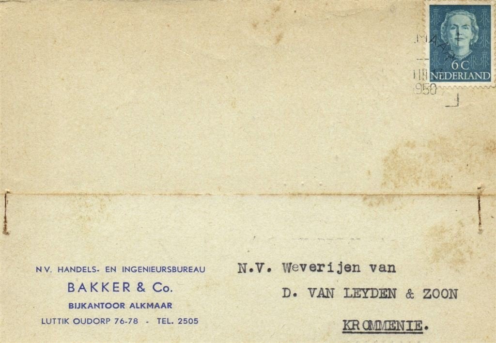 Bakker + Co., Bijkantoor Alkmaar - 03.1950 - briefkaart, Ophalen of Verzenden, Briefkaart