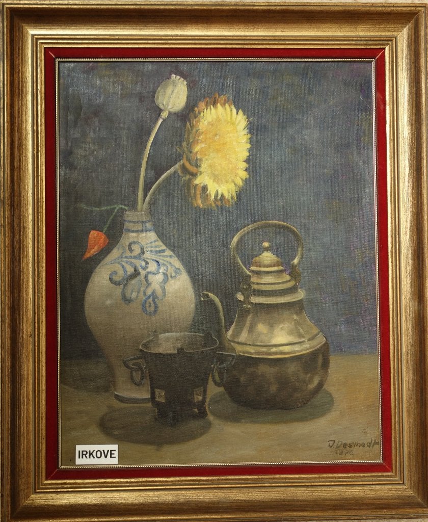OLIEVERF STILLEVEN MET KEULSE KRUIK * Gesigneerd *, Antiek en Kunst, Doek, Stilleven, Ophalen of Verzenden, Gedateerd