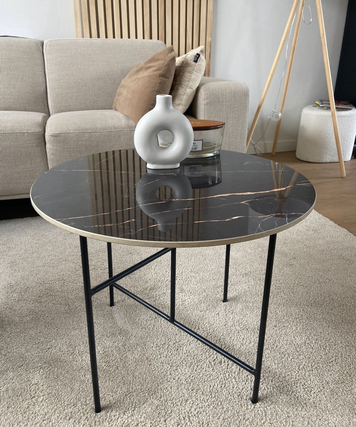 Woood porselein tafeltje metalen poten, Huis en Inrichting, Tafels | Salontafels, Ophalen, Overige materialen, 50 tot 100 cm, Rond
