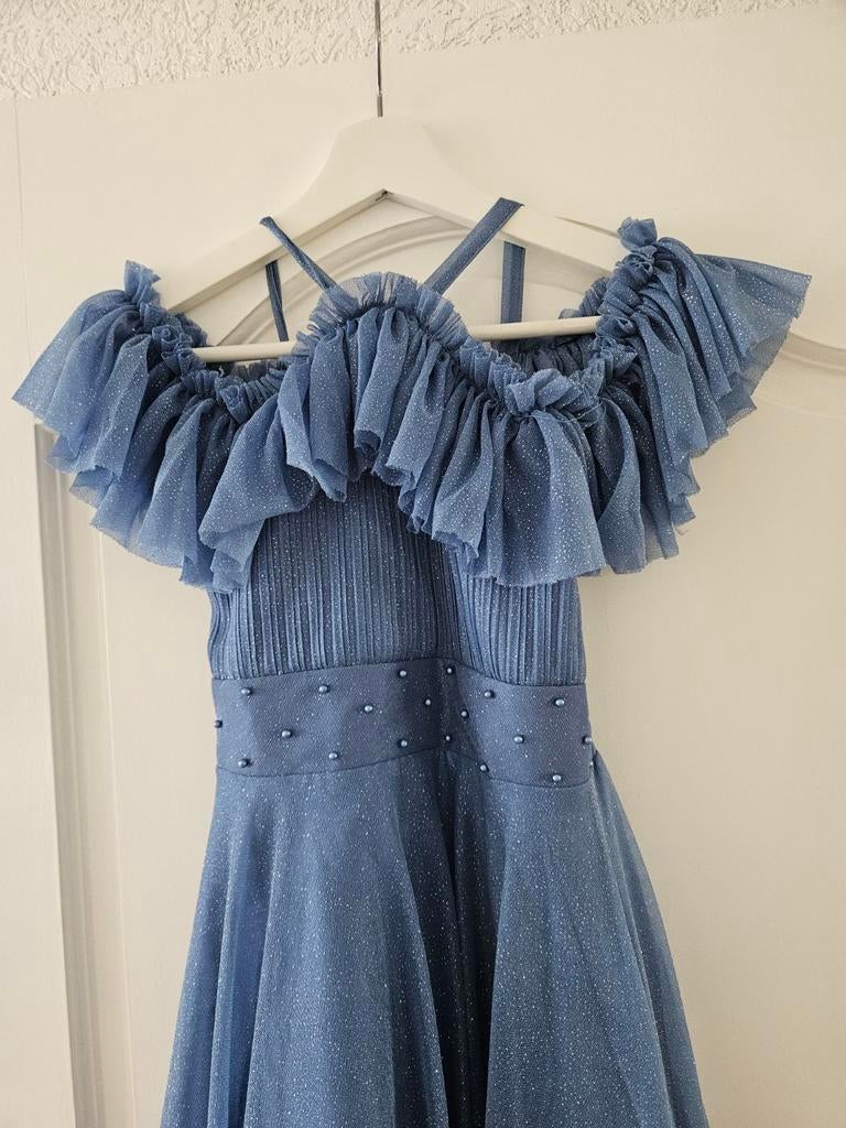 Prachtige blauwe meisjes jurk met ruches en glitters, Ophalen of Verzenden