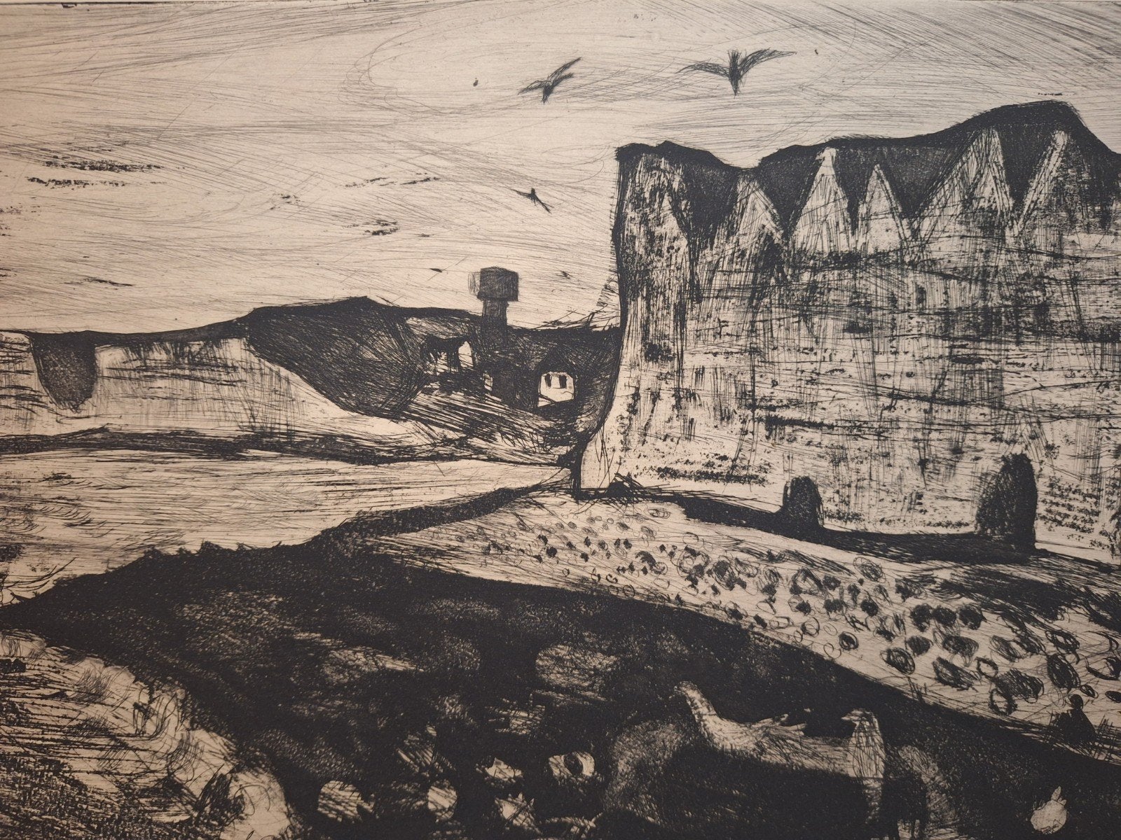 Ets Kustgezicht door Ed Righetti - Gesigneerd, Ophalen of Verzenden, Gesigneerd, Landschap, 1950 - 1999