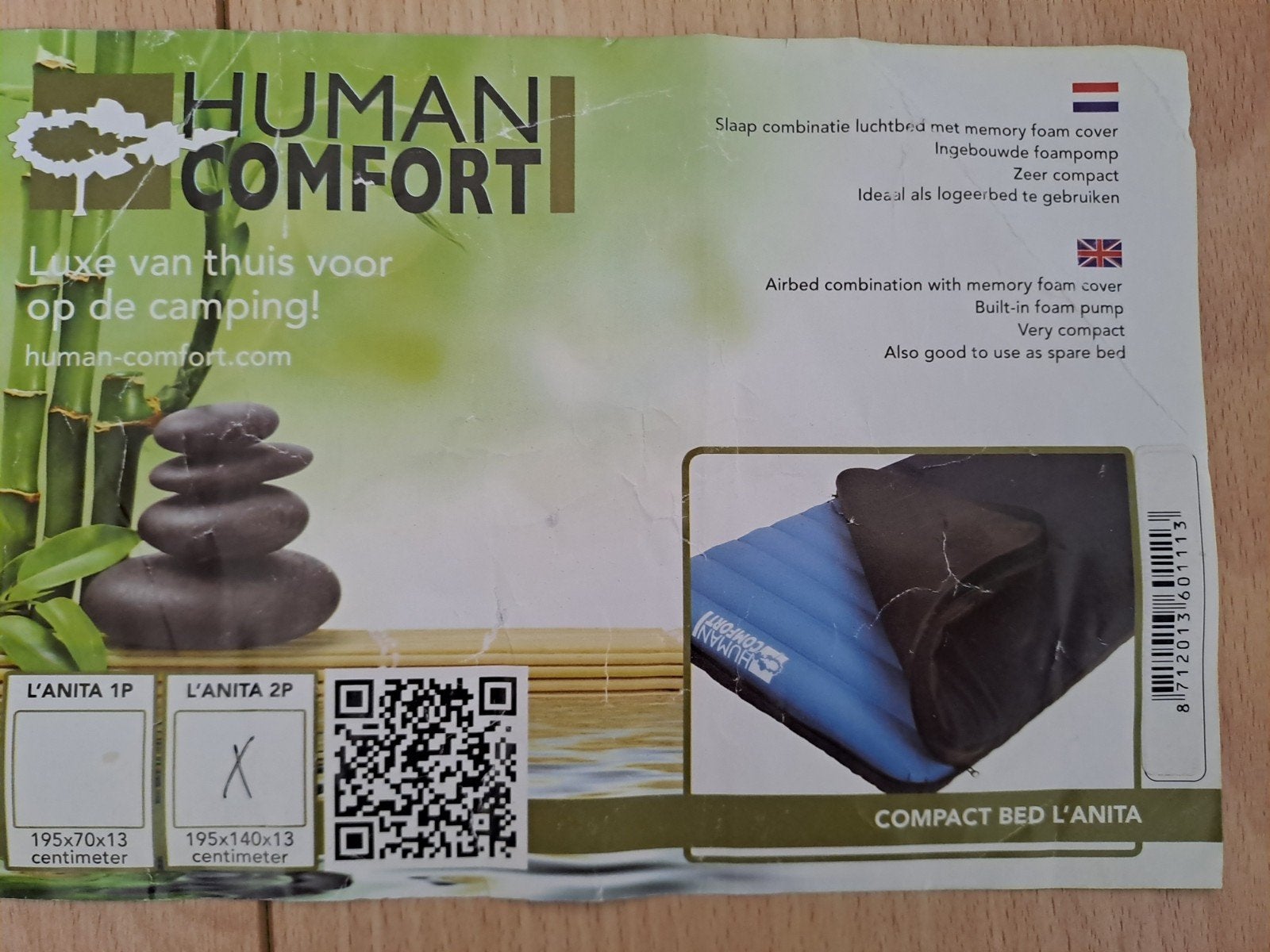 Human Comfort 2P Luchtbed met memory foam hoes, Ophalen, Ingebouwde pomp, Zo goed als nieuw, 2-persoons