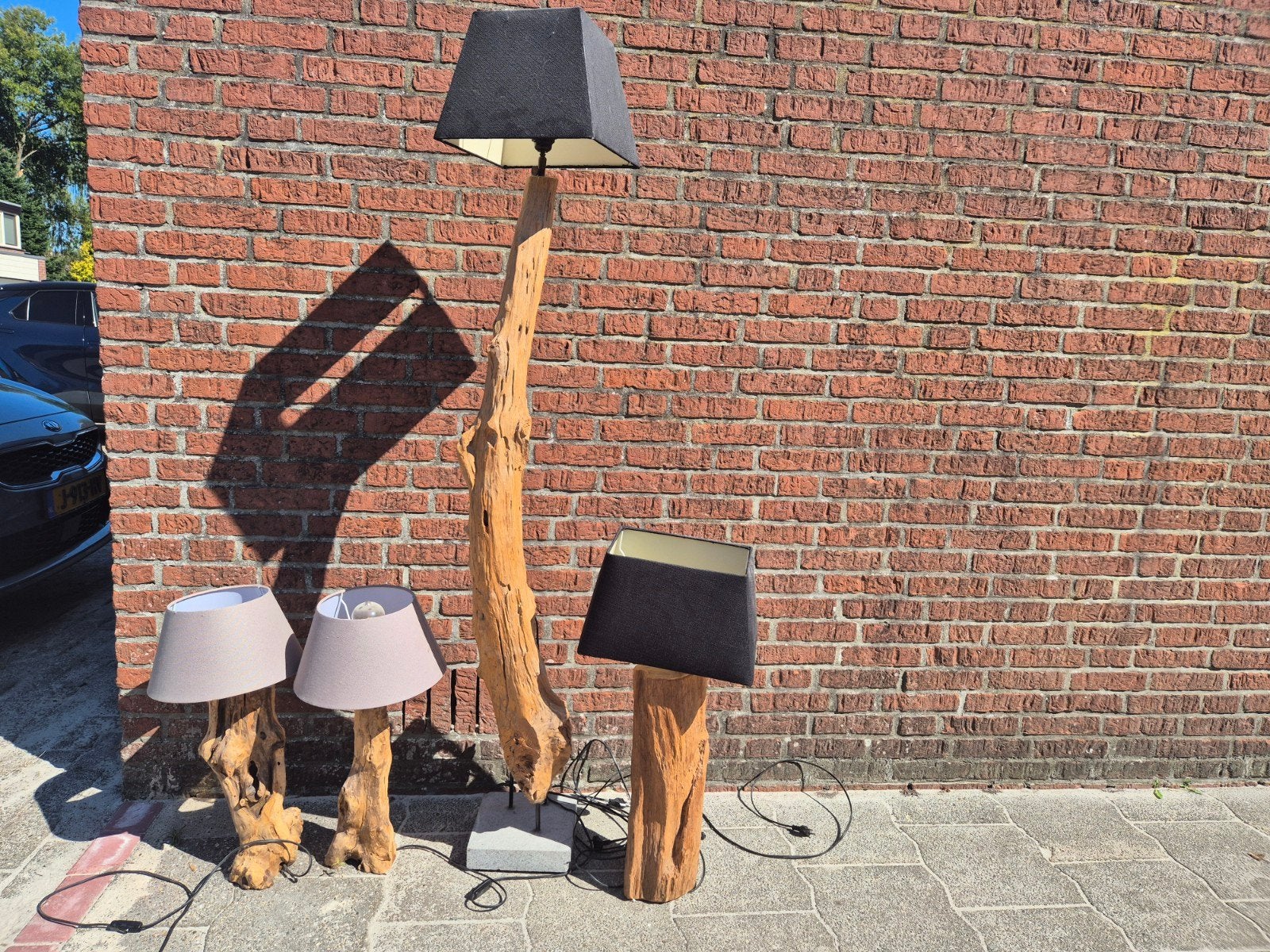 Set van 4 unieke houten lampen - staand en tafellampen, Ophalen, Gebruikt, Hout, Bruin