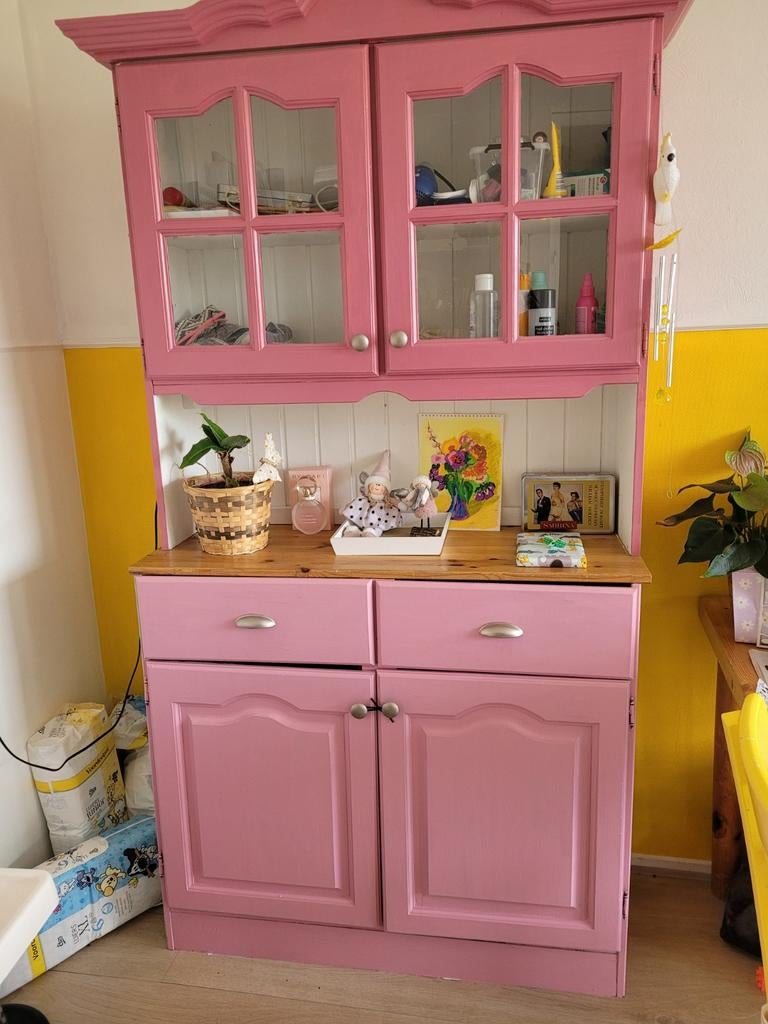 Roze buffetkast, twee losse delen, Huis en Inrichting, Kasten | Buffetkasten, Ophalen, Gebruikt, Glas, Landelijk