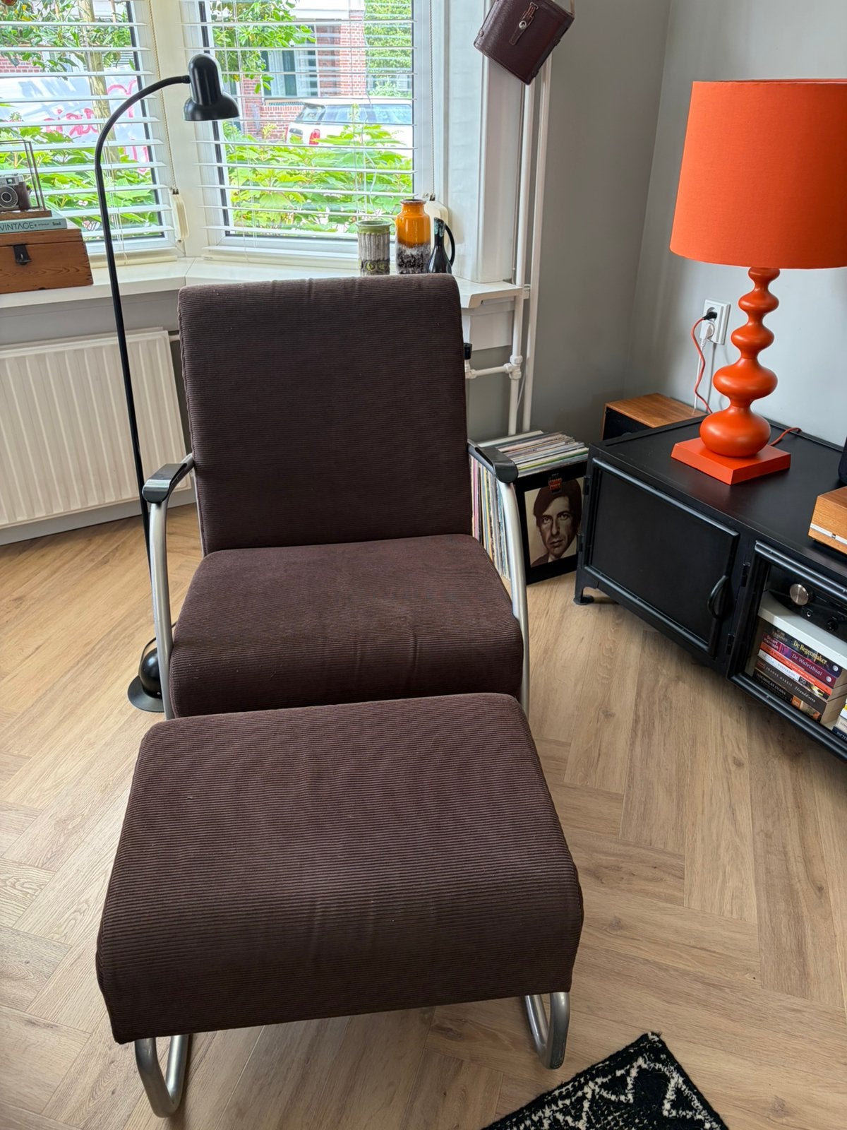 Mooie retro/vintage buizenstoel+ voetenbank, Ophalen, Zo goed als nieuw, 75 tot 100 cm, Stof