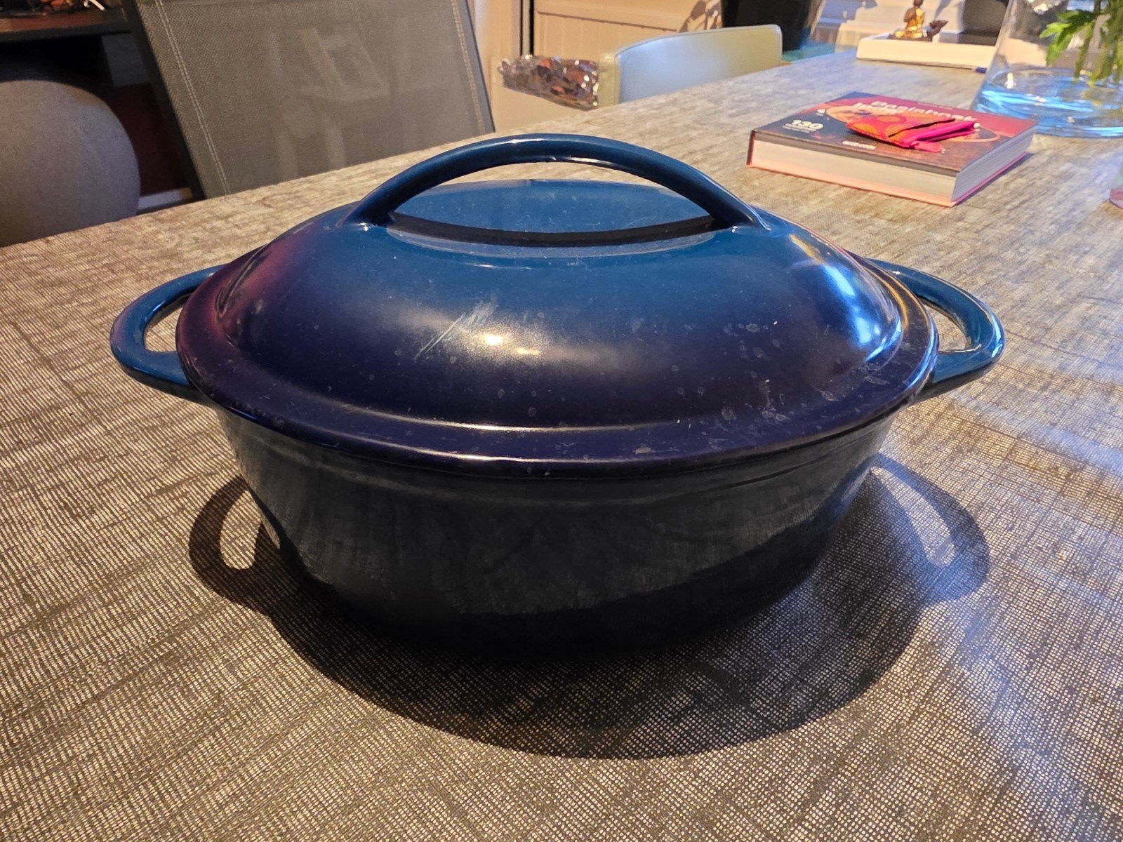 Blauwe gietijzeren braadpan met deksel, Ophalen, Gebruikt, Met deksel, Braadpan