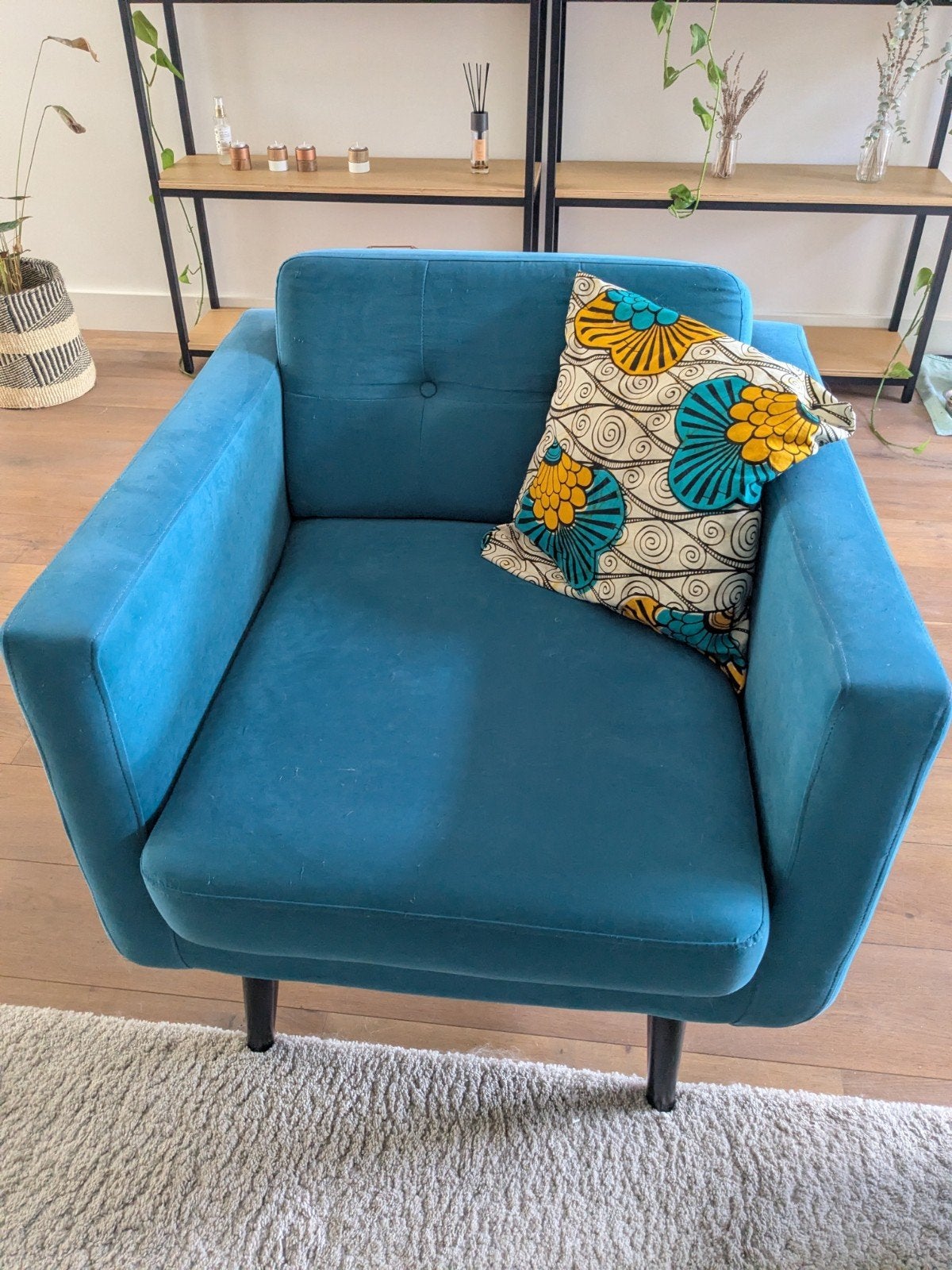 Petrol blauwe fauteuil - 70x85x79cm - Gebruikt, Huis en Inrichting, Stoelen, Ophalen, Gebruikt, Blauw, Stof