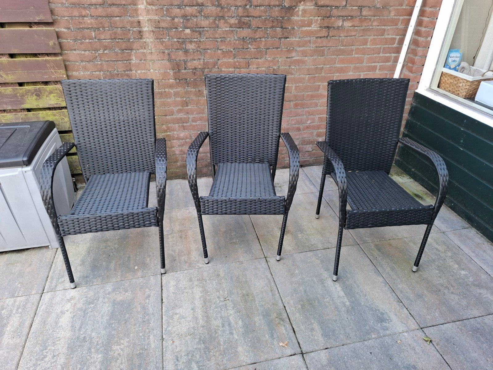 3 zwarte tuinstoelen te koop, Ophalen, Gebruikt, Wicker