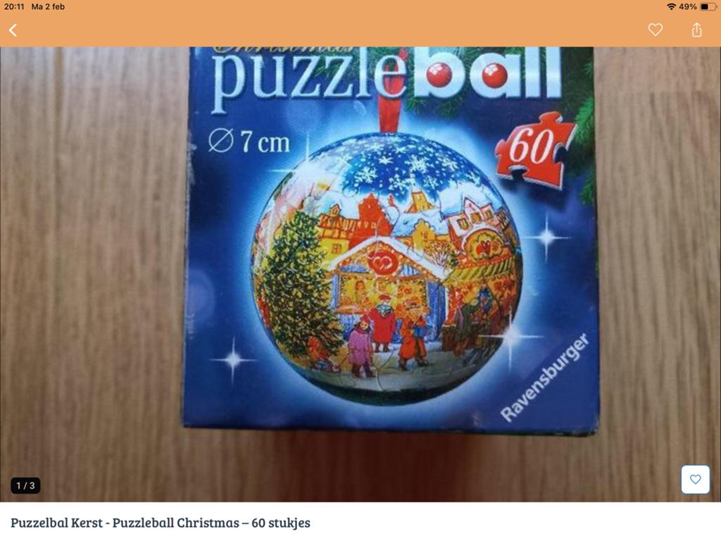 Ravensburger kerst puzzel bal 60 stukjes, Ophalen of Verzenden, Minder dan 500 stukjes, Zo goed als nieuw
