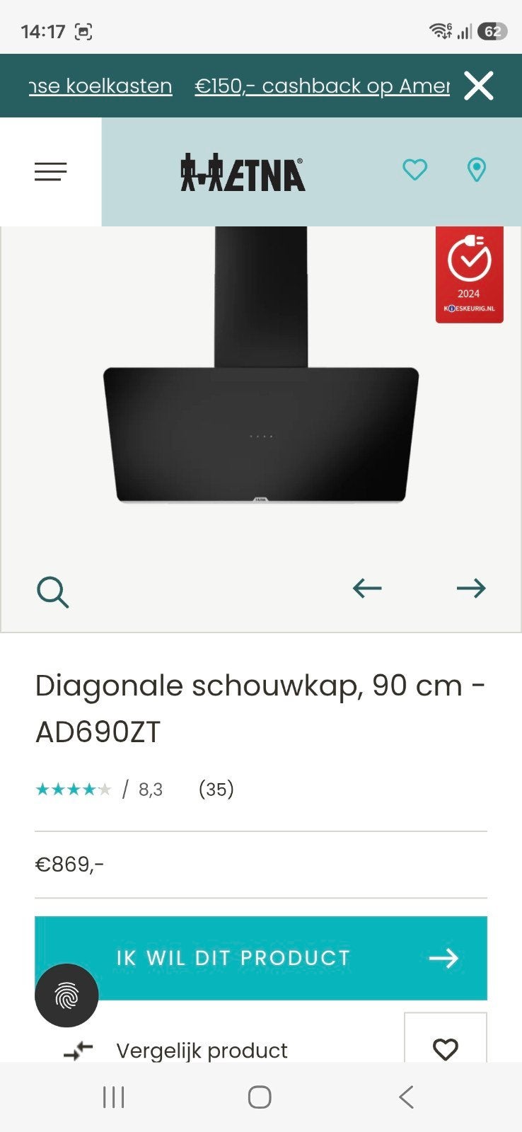 Te koop wegens overkompleet, Witgoed en Apparatuur, Afzuigkappen, Ophalen, Nieuw, 200 tot 400 m³ per uur