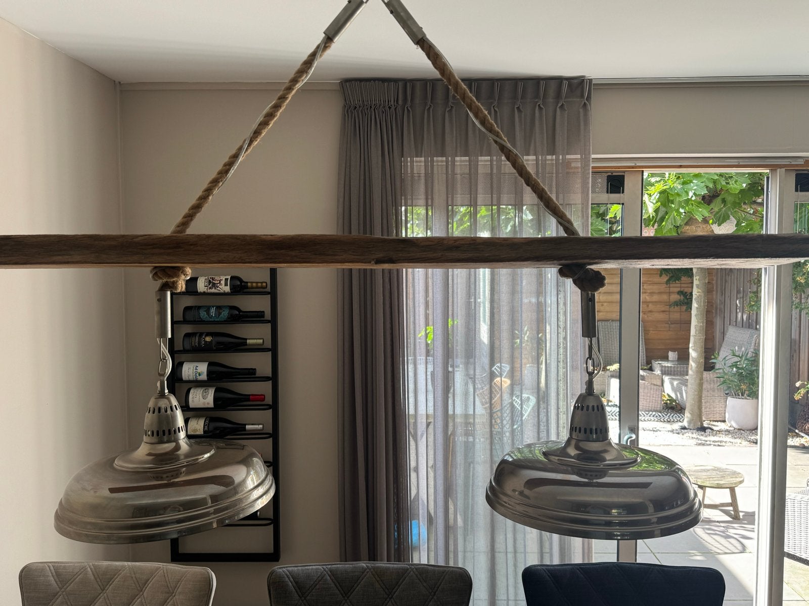Riviera Maison stijl hanglamp met houten balk en touw, Ophalen, Gebruikt, Hout, E27 (groot)