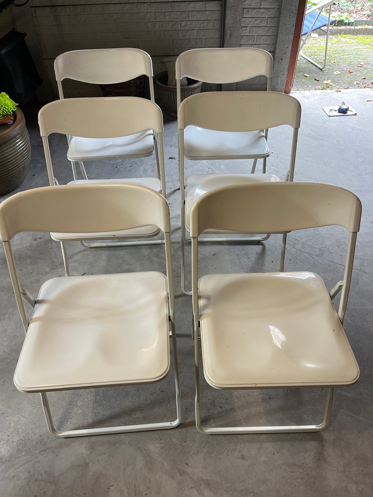 Set van 6 crèmekleurige opvouwbare stoelen, Huis en Inrichting, Stoelen, Ophalen, Gebruikt, Overige kleuren, Metaal