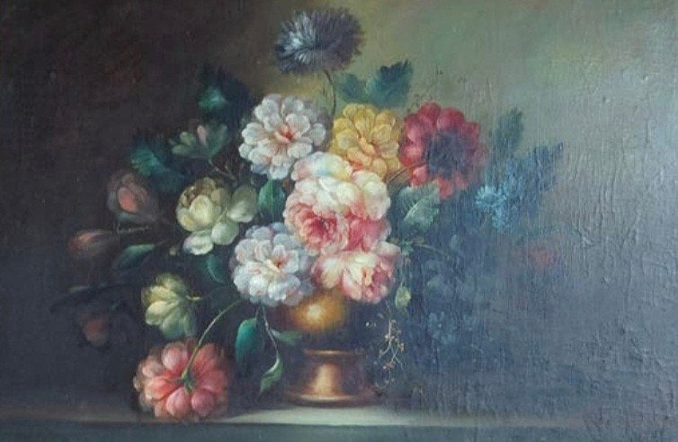Schilderij Bloemenstilleven In Engelse Lijst (80x110 cm), Origineel werk, Olieverf, Klassiek, Ophalen