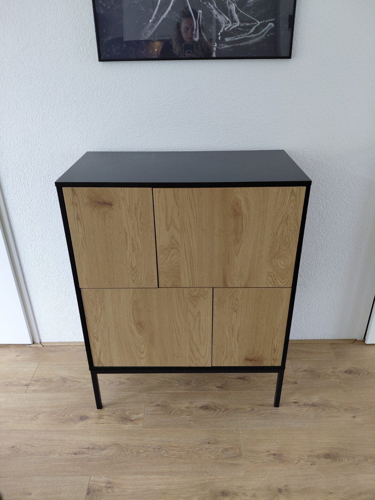 Dressoir eikenpatroon met zwart, met push open systeem, Modern, Industrieel, 50 tot 100 cm, 25 tot 50 cm, Ophalen