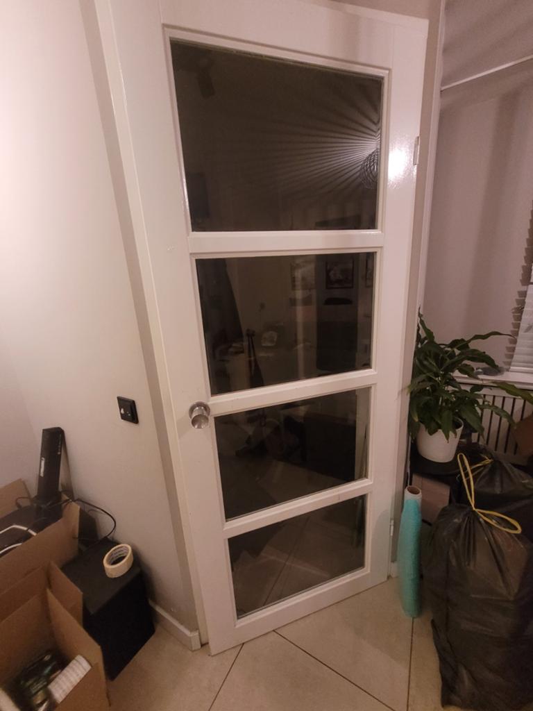 Opdekdeur met glas 211x83 cm, Doe-het-zelf en Verbouw, Deuren en Horren, Ophalen of Verzenden, Glas, Binnendeur, 200 tot 215 cm