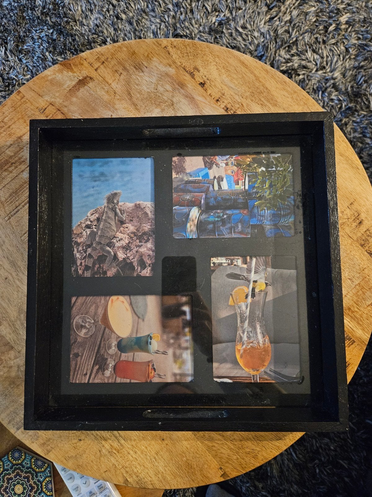 Zwart houten dienblad met foto's - Vierkant, Gebruikt, Met afbeelding/tekst, Vierkant, Ophalen of Verzenden