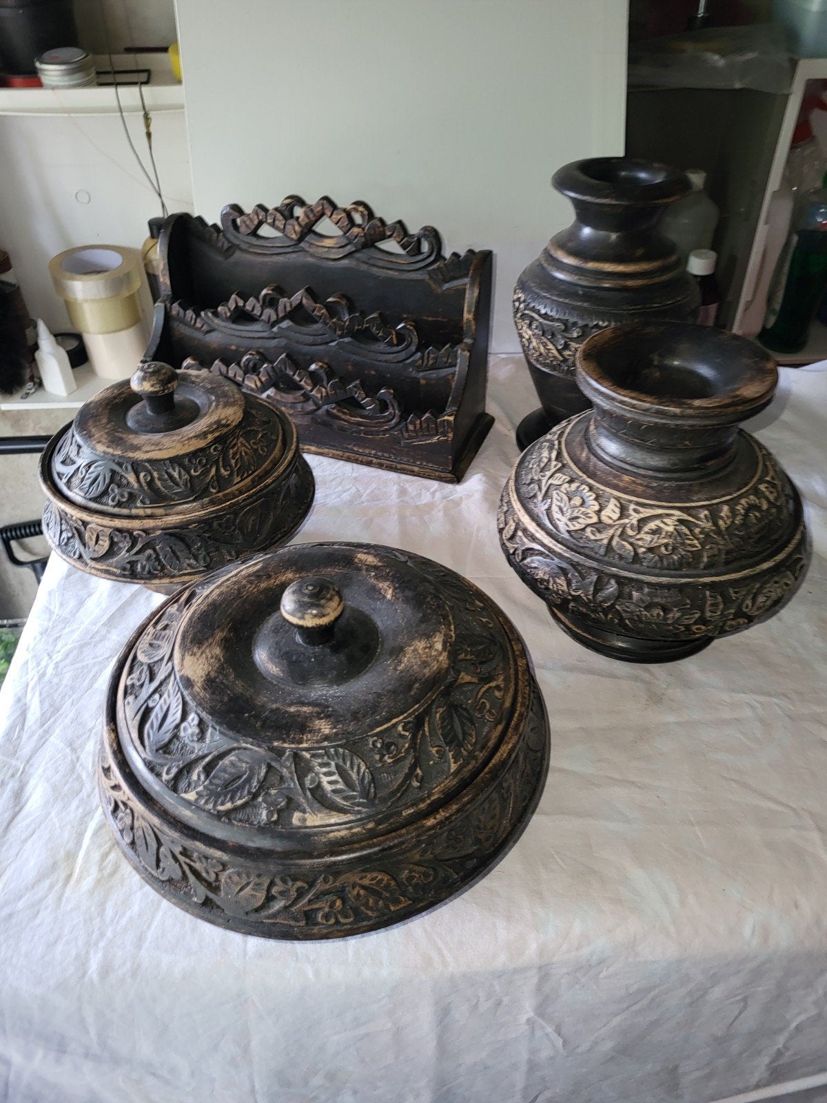 Oud 5 deels tafelset handgesneden, Ophalen of Verzenden
