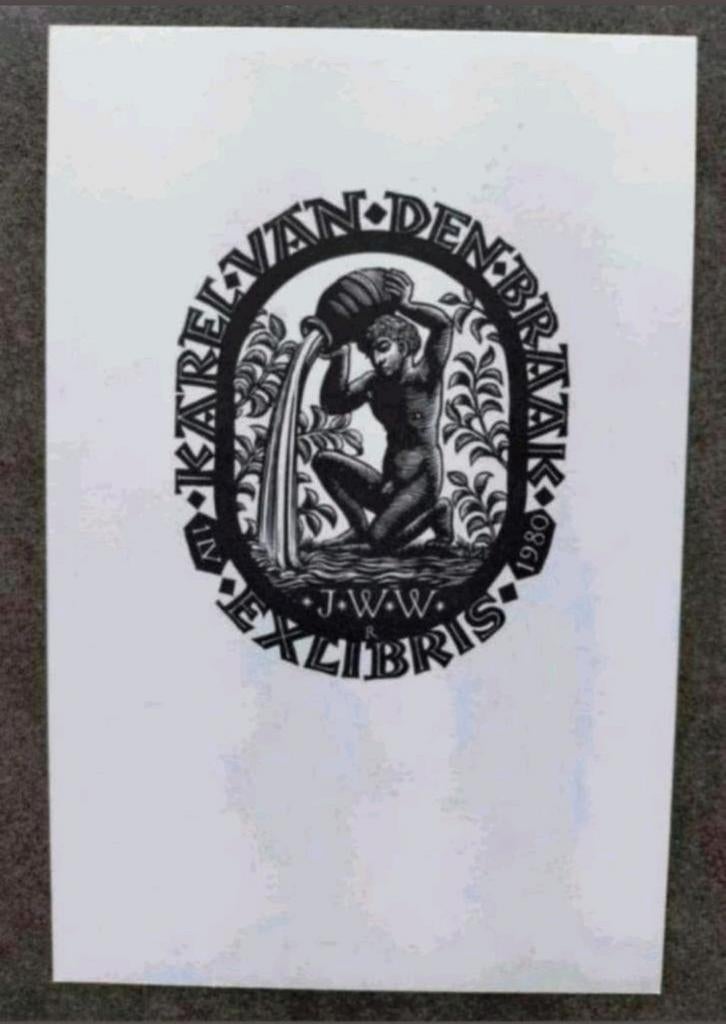 Exlibris Karel van den Braak (Pam G Rueter) (man, kruik), Antiek en Kunst, Kunst | Etsen en Gravures, Ex libris, Origineel, 1950 - 1999
