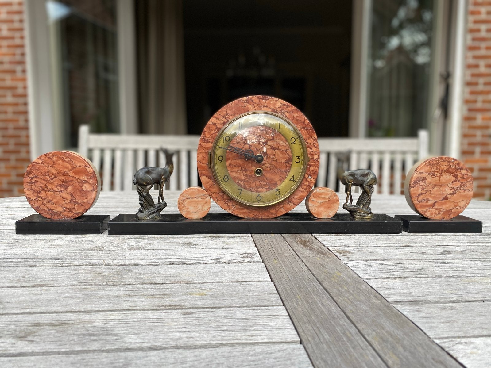 Art Deco Marmeren Klokstel met Hertenfiguren, Antiek en Kunst, Ophalen