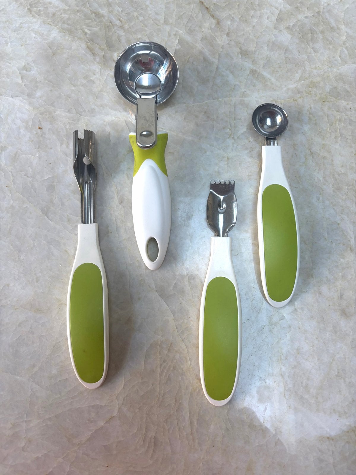 Keukengerei set: ijsschep, appelboor, zesteur, meloenlepel, Ophalen of Verzenden, Zo goed als nieuw, Metaal, Groen