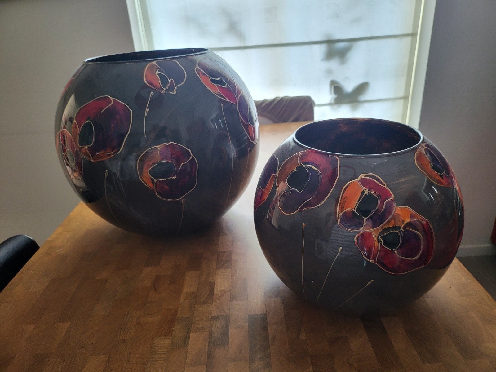 2 Grote decoratieve vazen met bloemmotief - By Muriel, Ophalen, Oranje, Glas