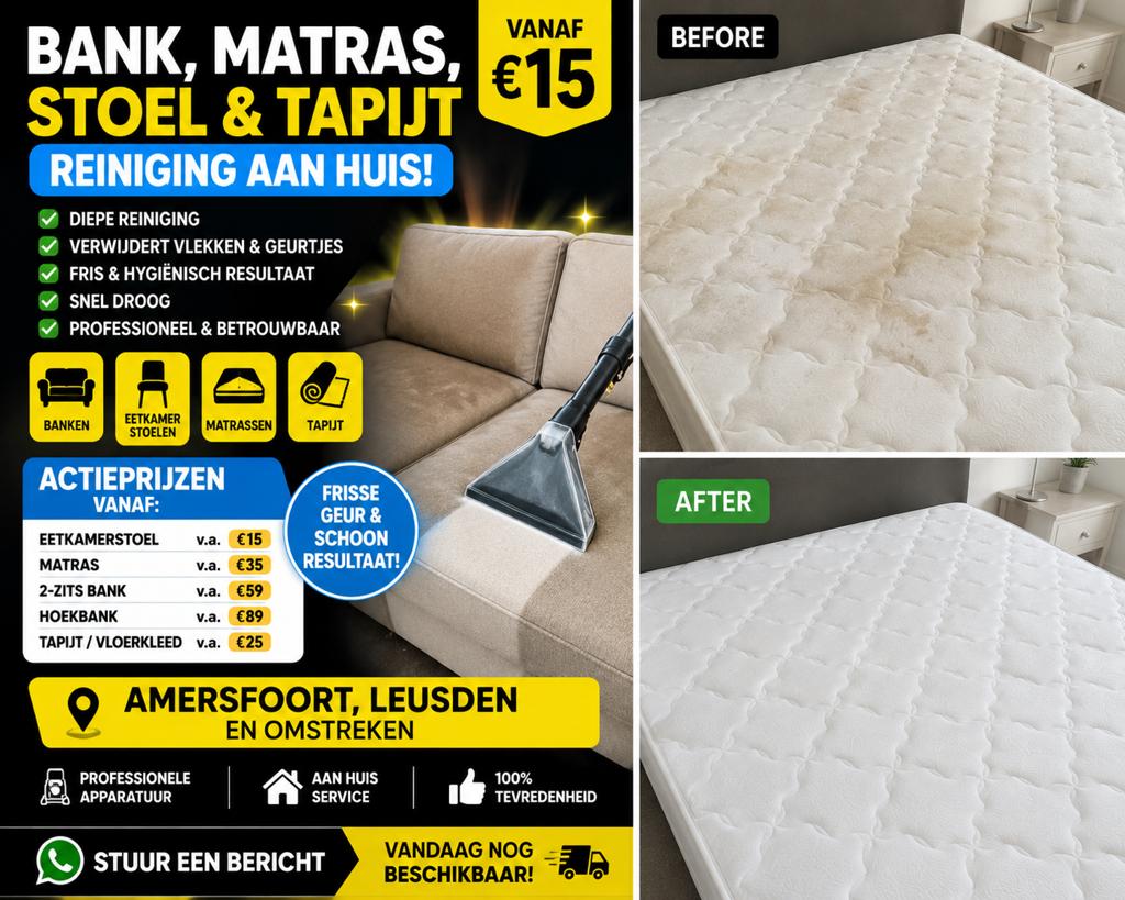 Bank, Matras & Stoel Reiniging | Vanaf €15 Amersfoort, Huis en Inrichting, Schoonmaakartikelen, Overige typen, Ophalen
