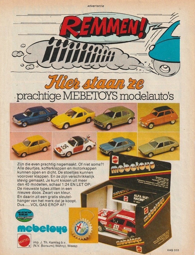 retro reclame 1979 Mebetoys Mattel auto's Weesp prachtig, Verzenden, Overige typen