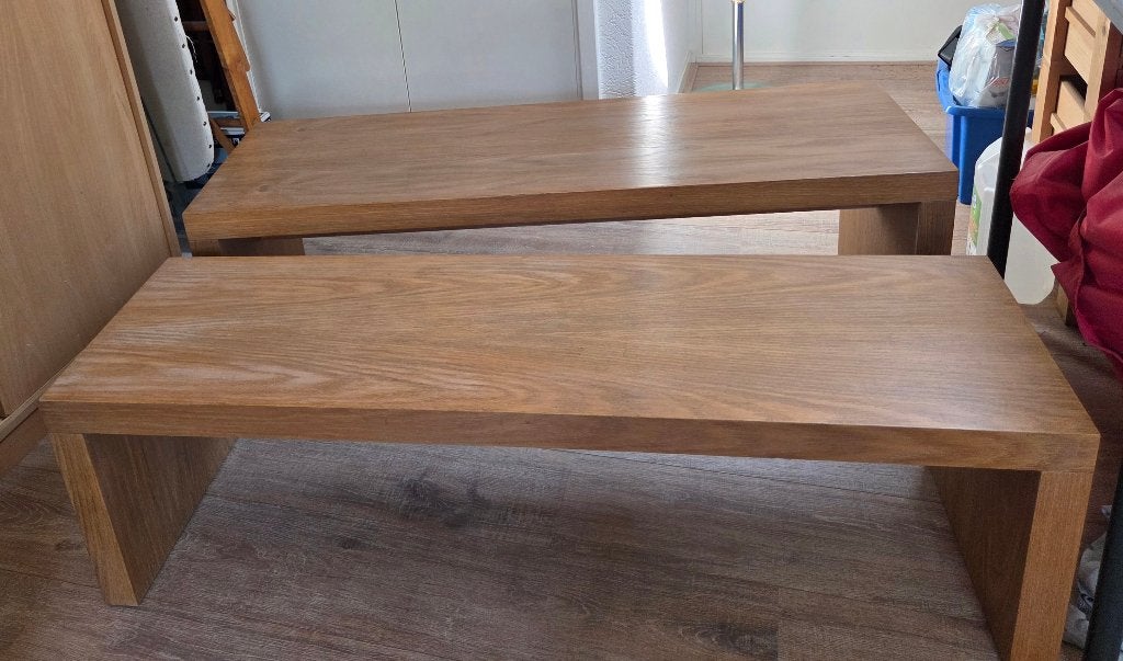 2 bankjes, houtlook gefineerd., Huis en Inrichting, Tafels | Sidetables, Ophalen, Gebruikt, 100 tot 150 cm, Eikenhout