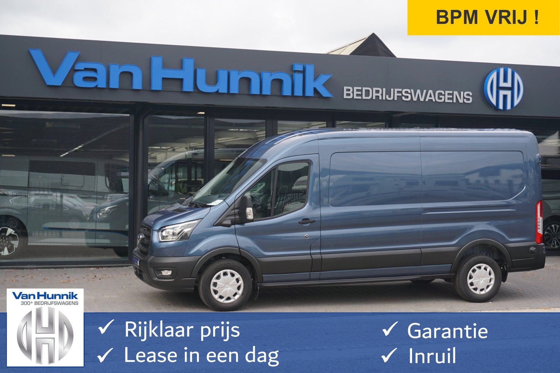 Ford Transit 350L 170PK L3H2 AUT BPM VRIJ! 12" Sync4 Scherm, Auto's, Gebruikt, 4 cilinders, Blauw, Bedrijf