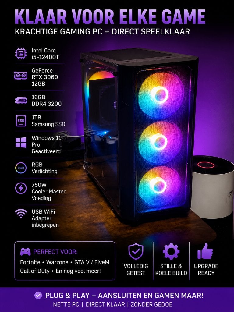 Gaming PC | RTX 3060 12GB | i5-12400T | 1TB SSD | RGB, Refurbished, Ophalen of Verzenden, Gaming, HDD