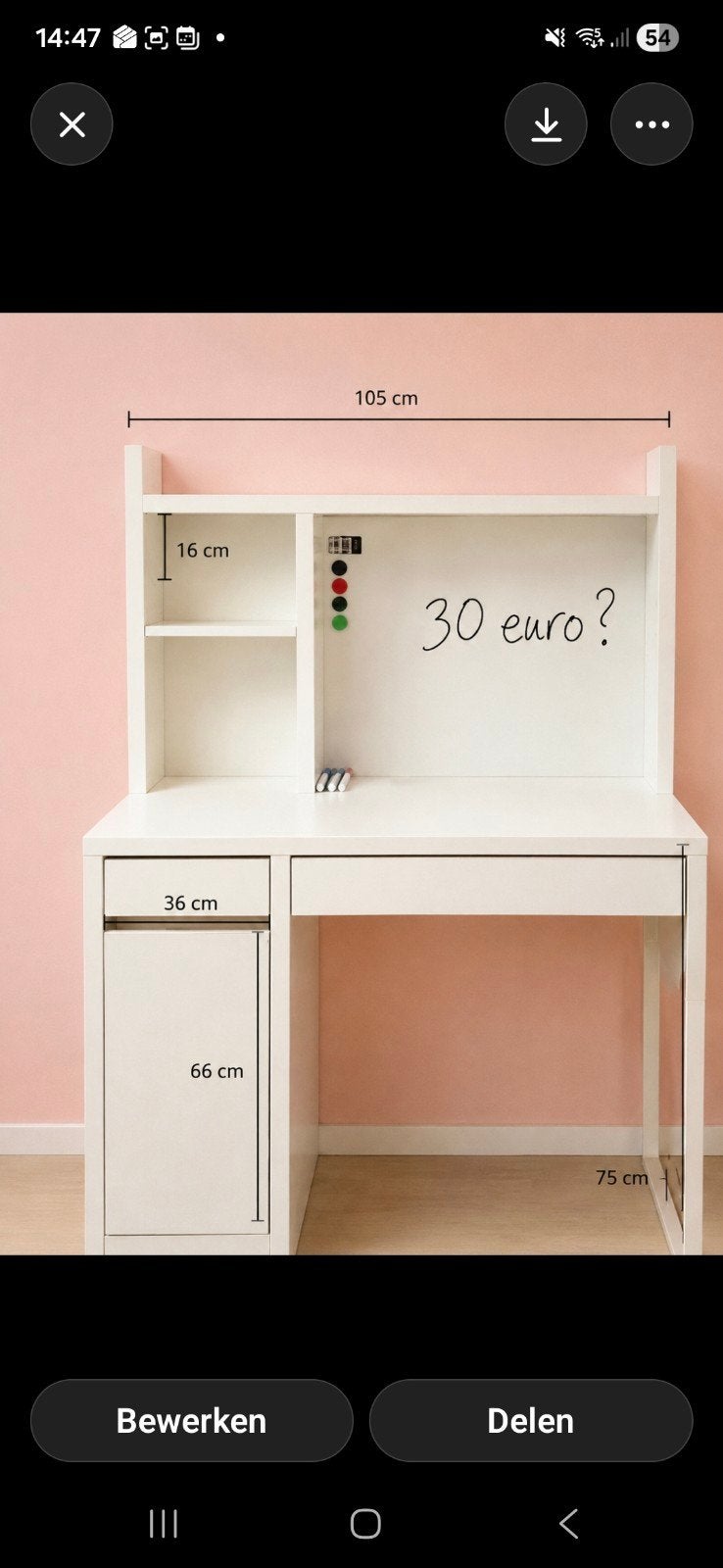 Ikea wit bureau, met Whitebord., Ophalen of Verzenden, Zo goed als nieuw