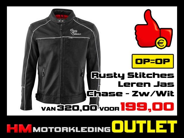 Leren Motorjas Rusty Stitches Chase Zwart/Wit - MEN, Motoren, Kleding | Motorkleding, Info@huybersmotoren.nl, HM - Sale, NL, Jas | leer