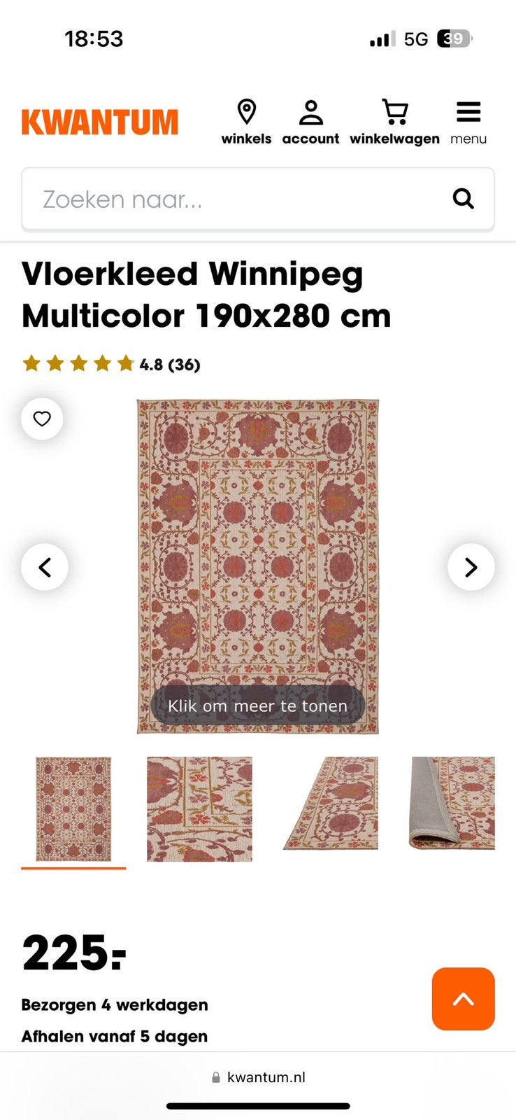 Vloerkleed kwantum, Ophalen, 100 tot 150 cm, Zo goed als nieuw, 150 tot 200 cm