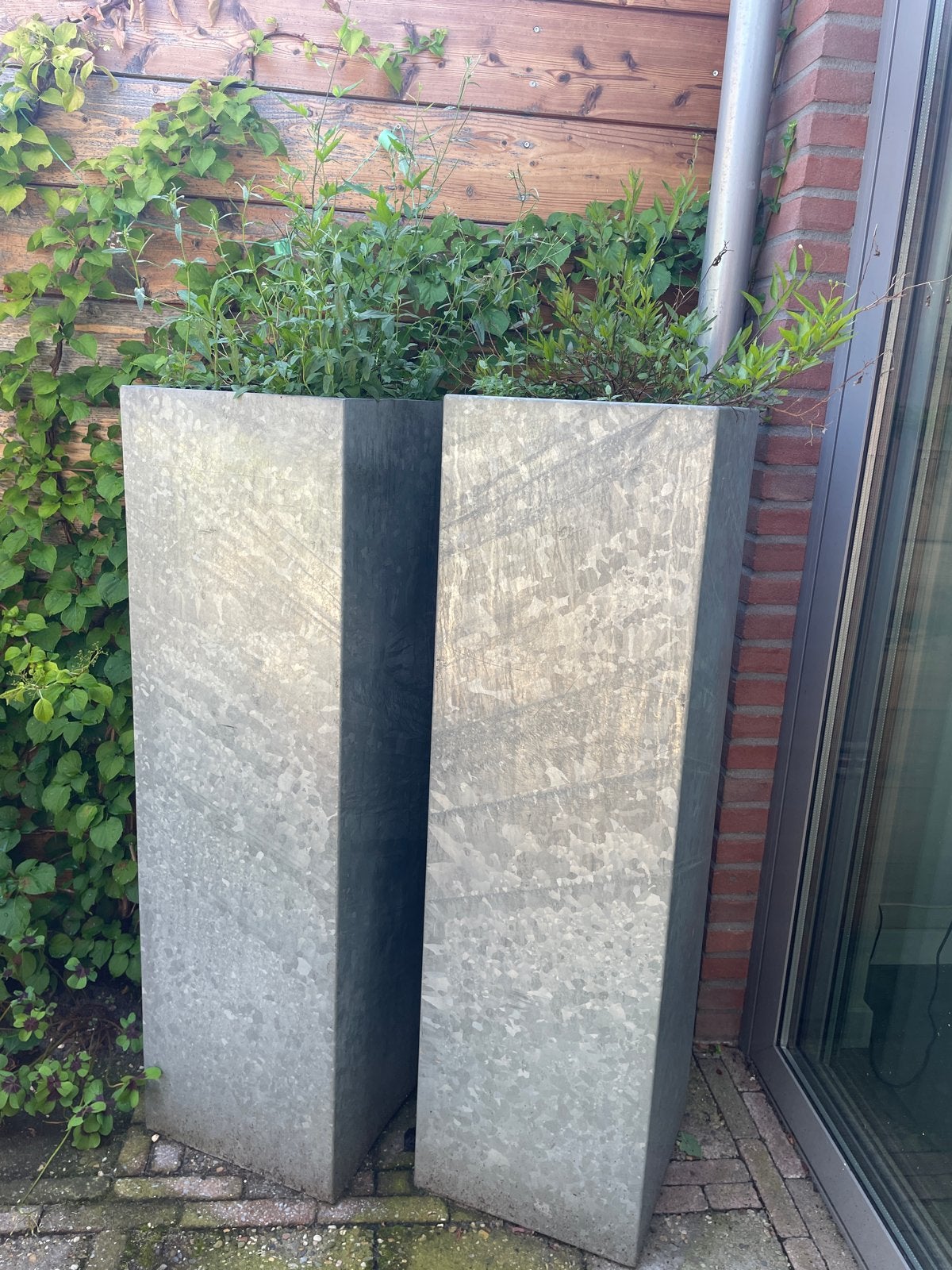 Hoge Zinken Bloembakken - Set van 3, Tuin en Terras, Bloembakken en Plantenbakken, Ophalen, Gebruikt, Binnen, Metaal