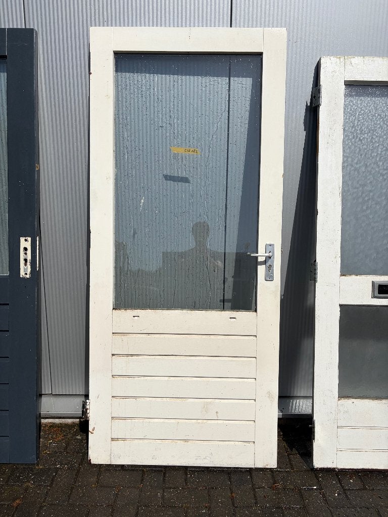 Hardhouten buitendeur wit glasraam + latten | 93x213 cm, Ophalen, Gebruikt, 80 tot 100 cm, Buitendeur