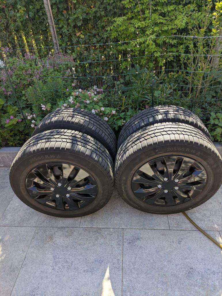 Winterbanden Continental 205/60 R16 op stalen velgen, Ophalen, Gebruikt, 16 inch, Banden en Velgen
