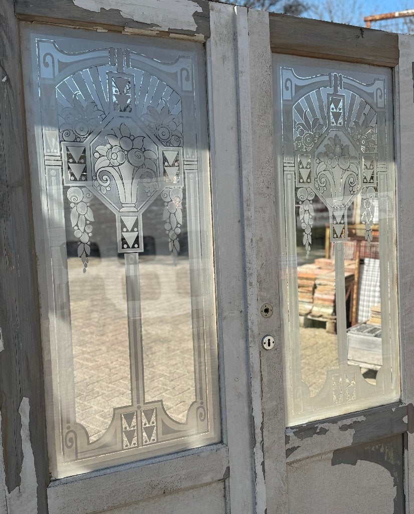 Set antieke openslaande deuren met geëtst glas en bovenlicht