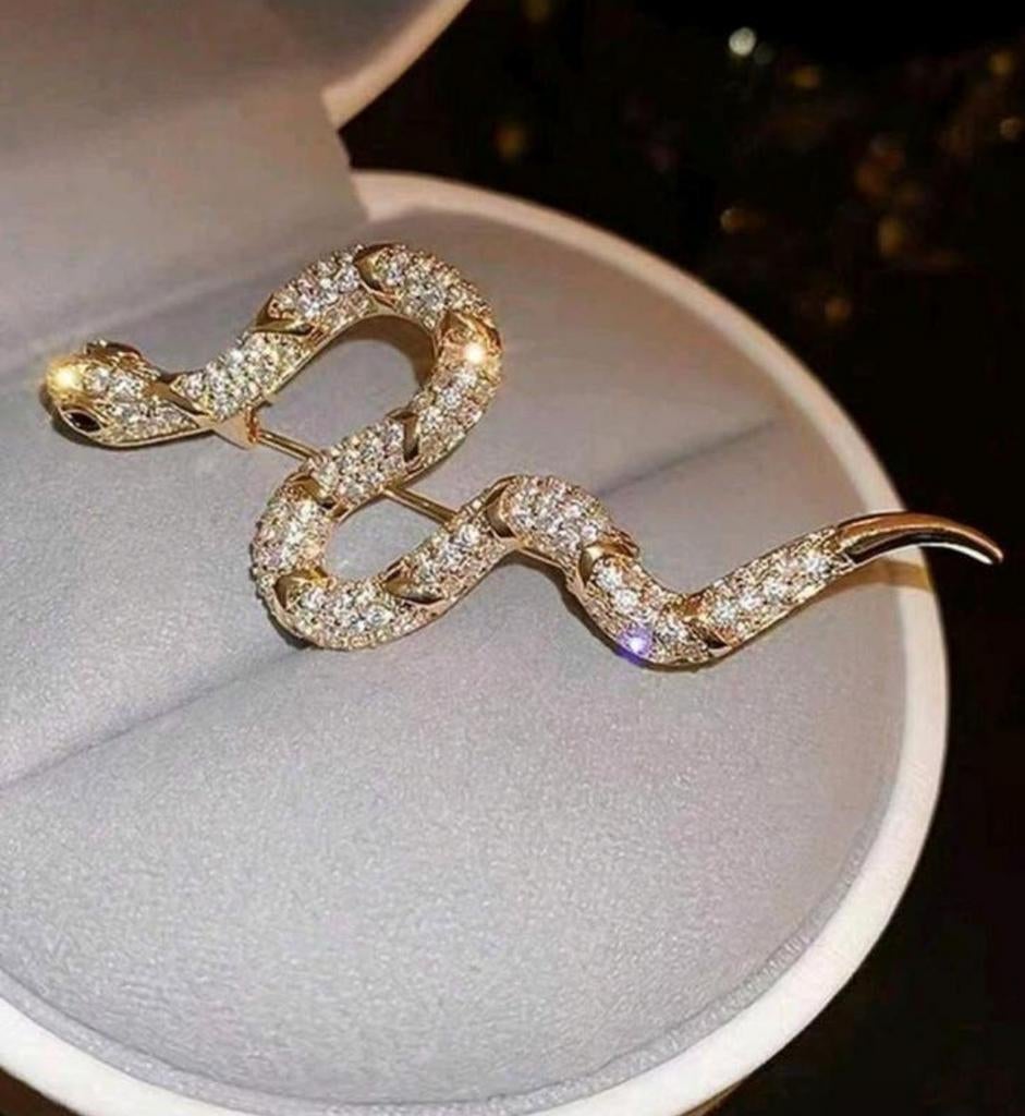 Slang Broche goud of zilverkleurig met kristalglas., Met kristal, Overige materialen, 4 tot 7 cm, Overige kleuren