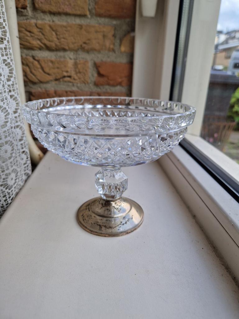 Vintage kristal fruitschaal op voet zilverkleurig, Ophalen of Verzenden