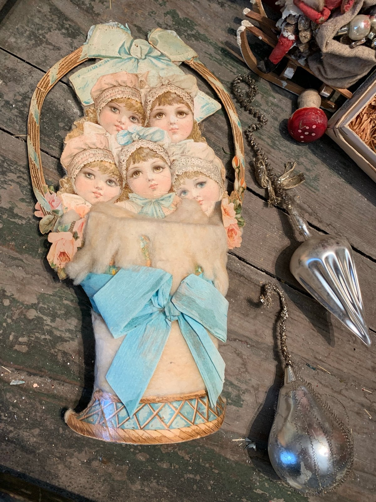 Oude antieke kerstversiering met watte, Diversen, Gebruikt, T, Ophalen of Verzenden, N