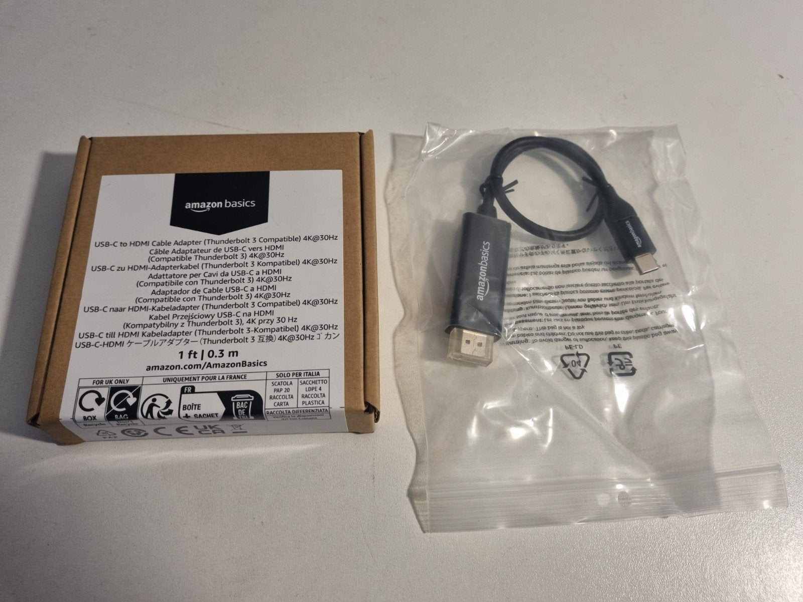 USB-C naar HDMI Kabel - 0,3m - Nieuw - Amazon Basics 4K@30Hz, Ophalen of Verzenden, Nieuw, Minder dan 2 meter, HDMI-kabel