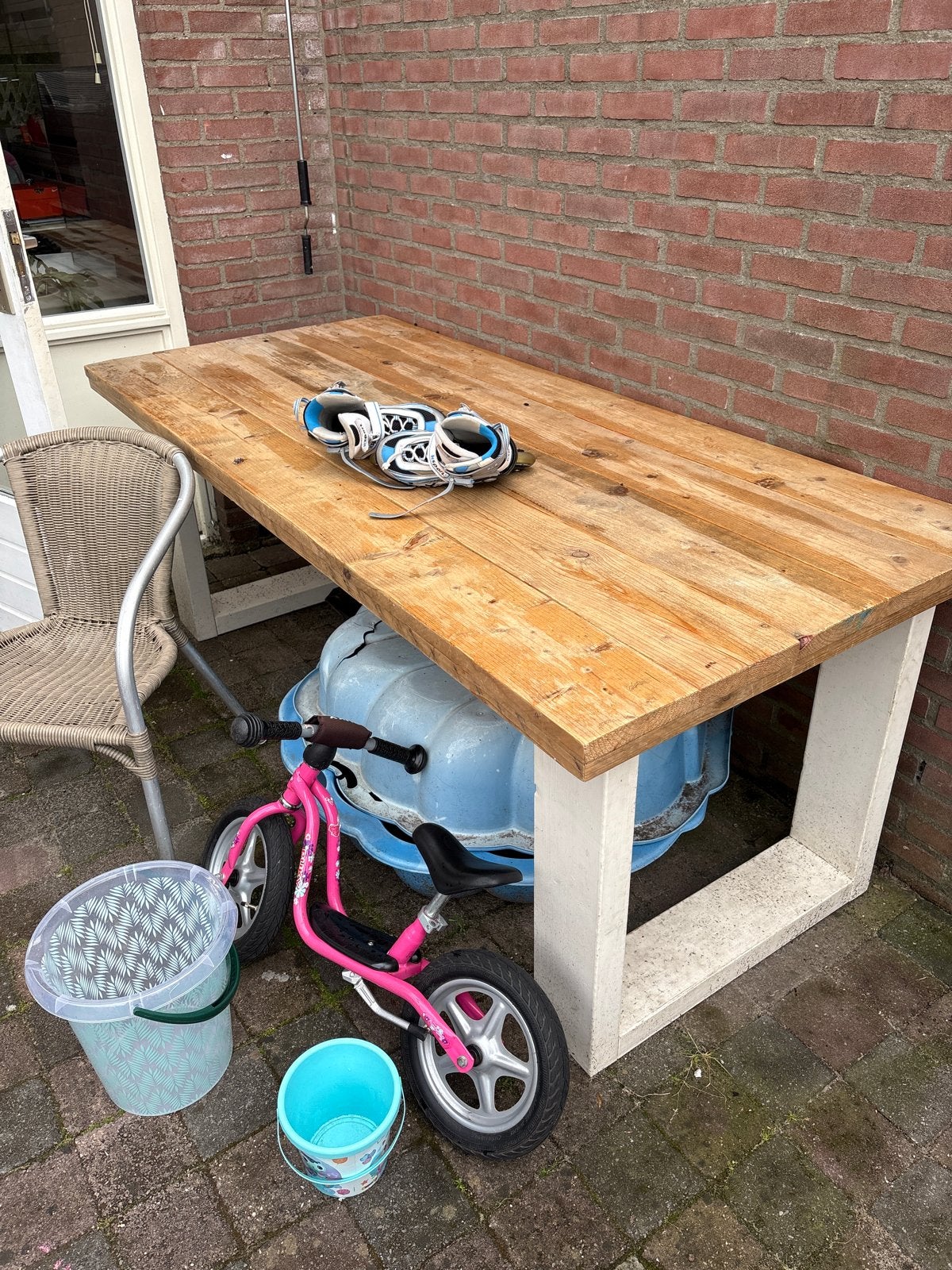 Stevige houten tafel voor binnen of buiten, Ophalen, Gebruikt, 50 tot 100 cm, 150 tot 200 cm