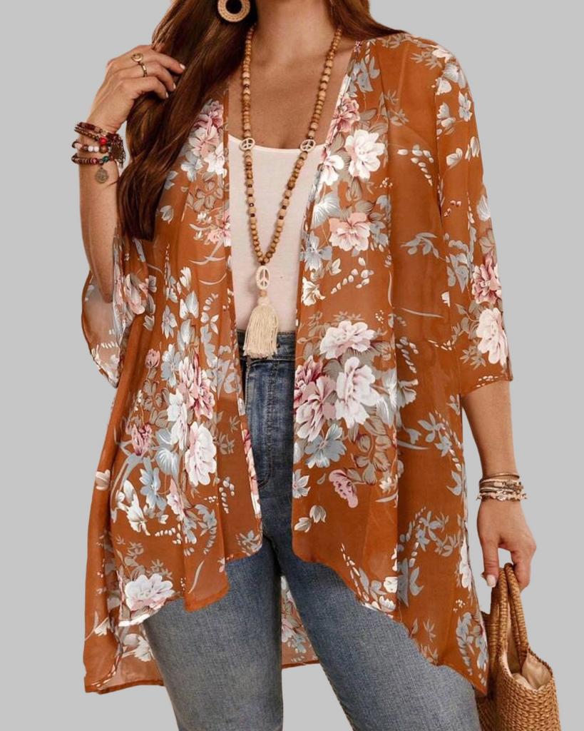 Bruine Kimono met Bloemenprint (46-54), Ophalen of Verzenden, Nieuw, Bruin, Trui of Vest