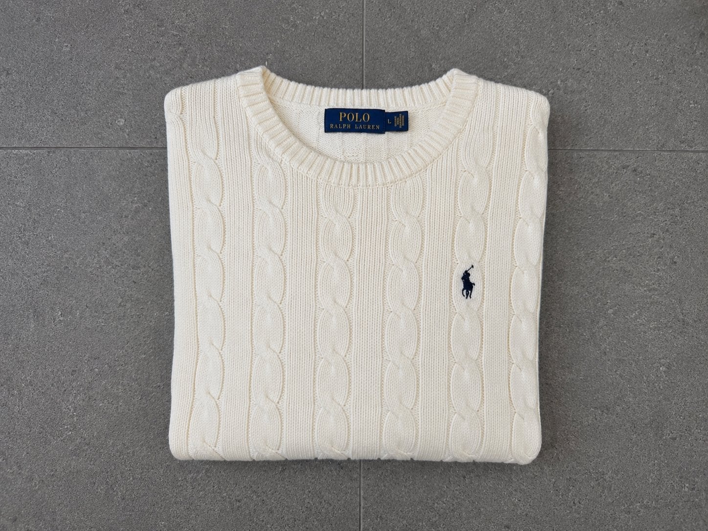 Polo Ralph Lauren kabelgebreide trui - Crème, Kleding | Heren, Truien en Vesten, Ophalen of Verzenden, Zo goed als nieuw, Maat 52/54 (L)