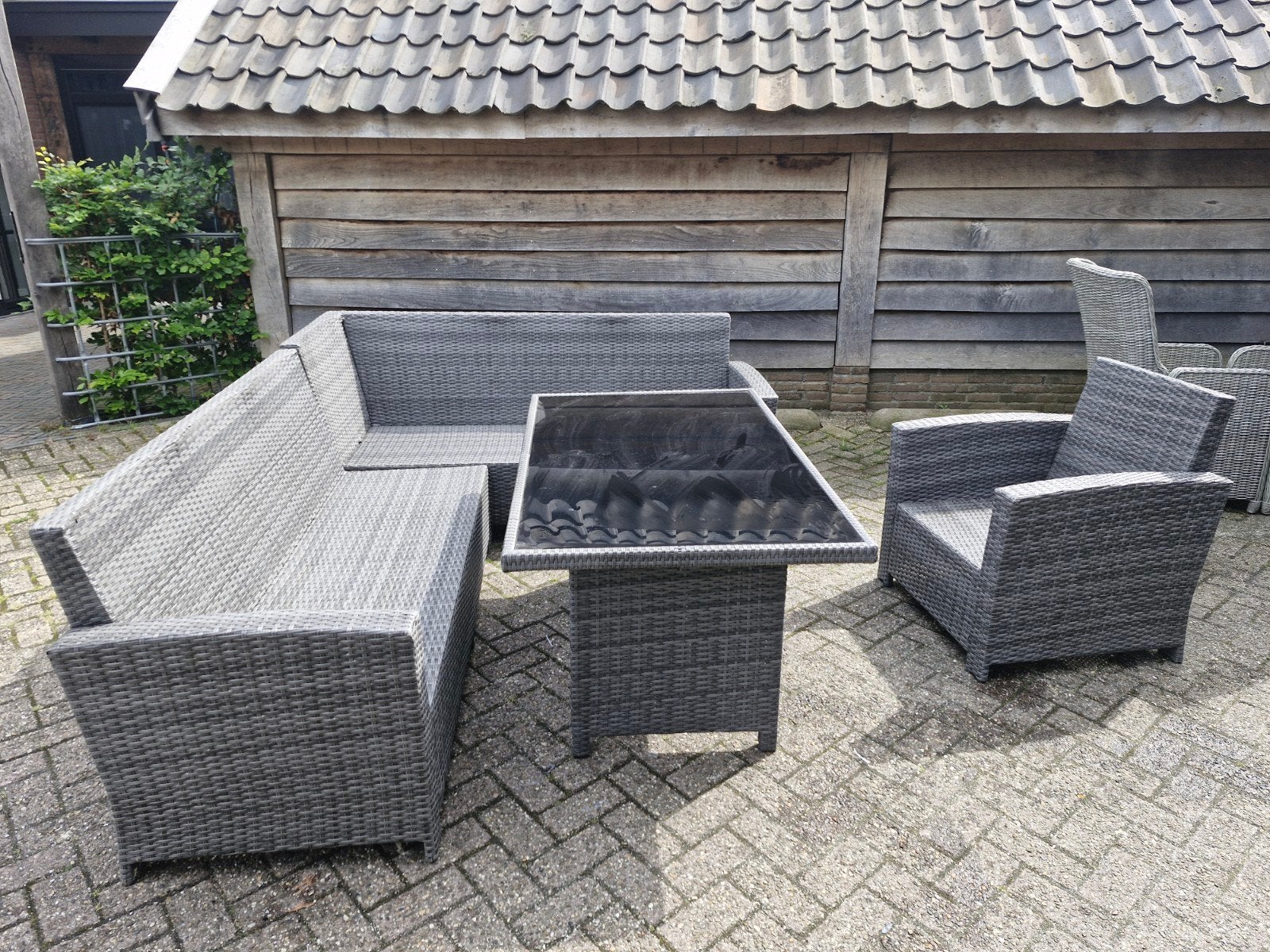 Wicker Loungeset met Tafel en Stoel, zonder kussens, Ophalen, Gebruikt, Bank, 6 zitplaatsen