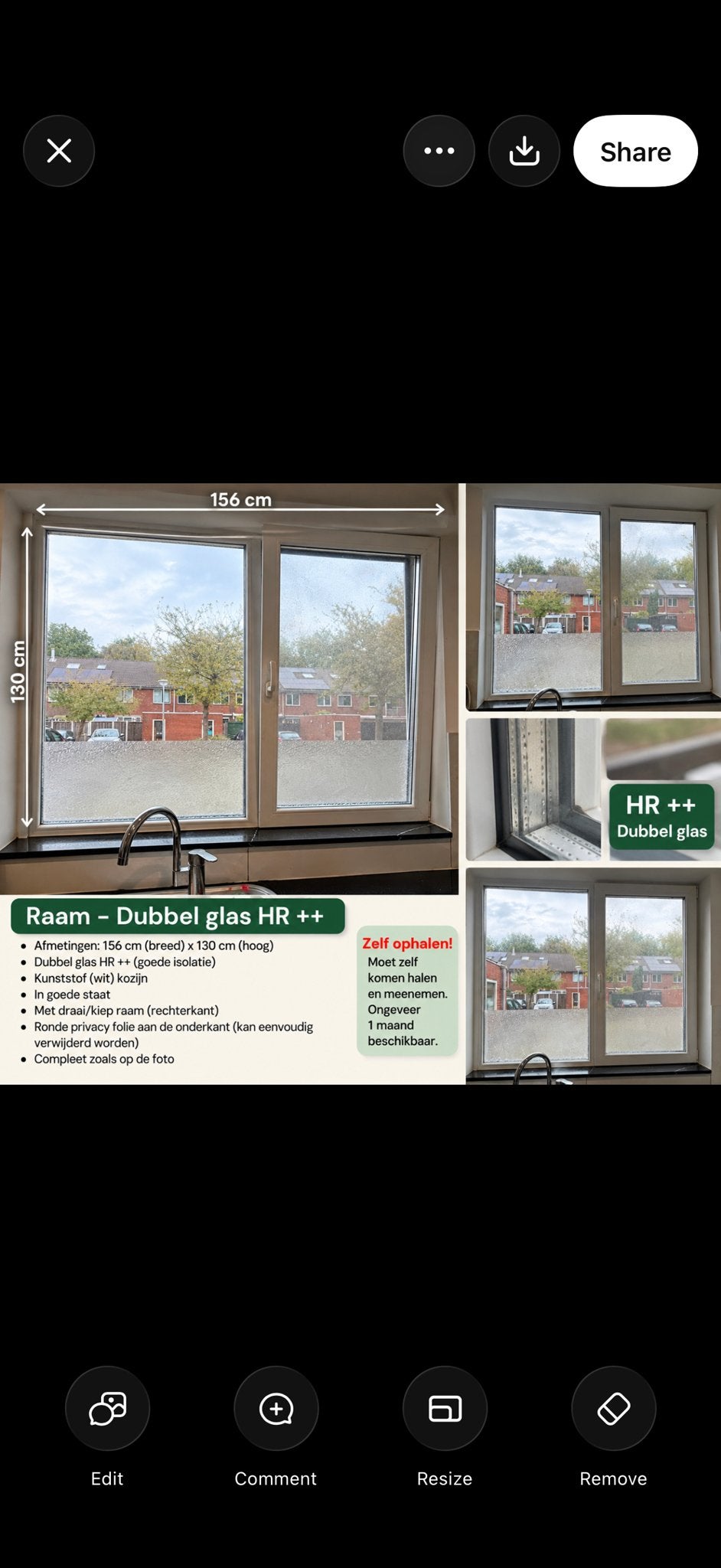 Dubbel glas HR++ raam 156x130 cm, Ophalen, Gevelraam of Ruit, 120 tot 160 cm, Zo goed als nieuw