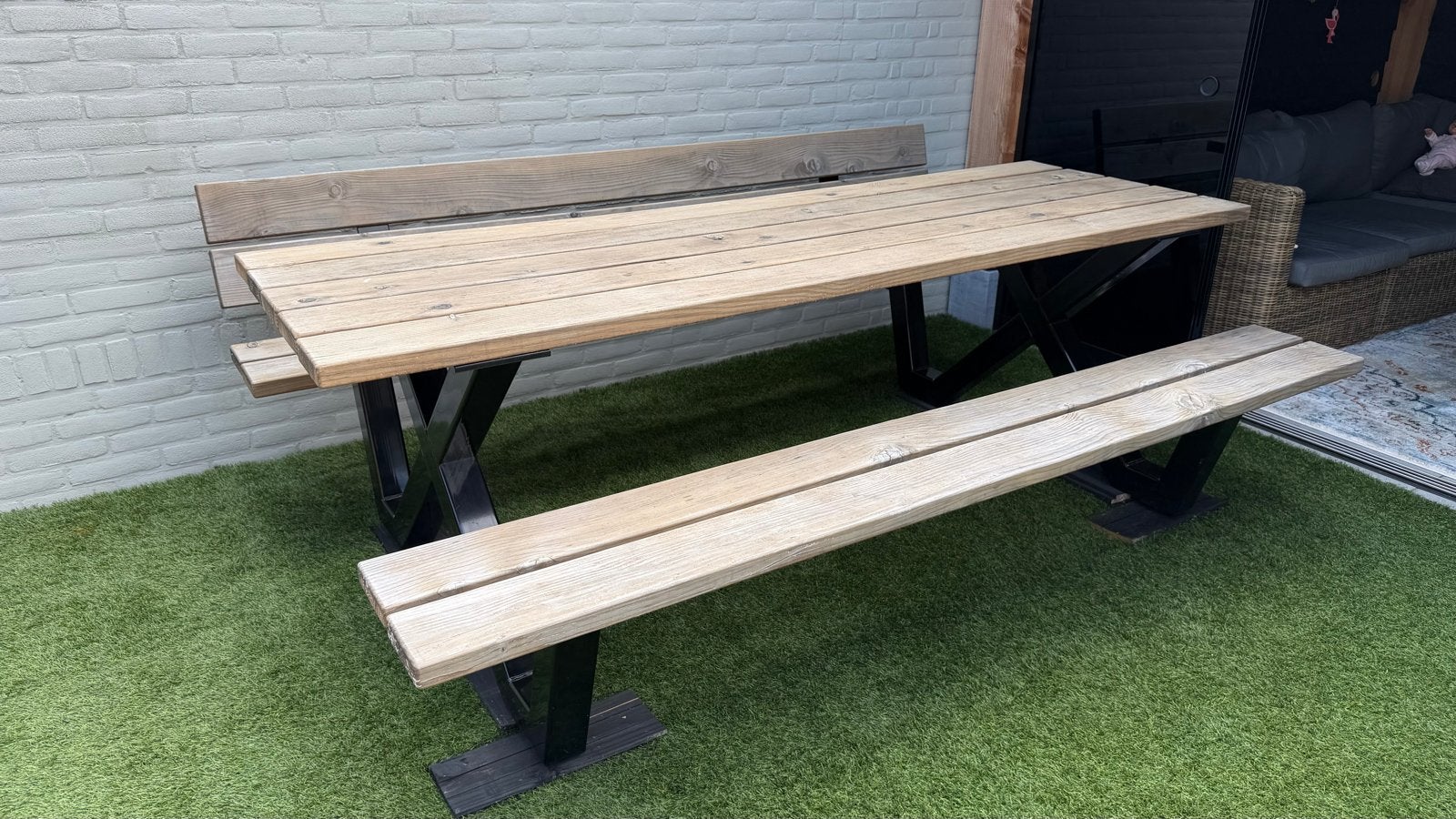 Picknicktafel 230cm, gepoedercoat frame en rugleuning, Ophalen, Gebruikt, Rechthoekig, Hout